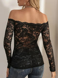 European and American elegant scalloped neckline, off-the-shoulder lace slim fit T-shirt long-sleeved top