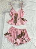 Summer 2-pieces Pink Leopard Printed Pajamas Set for Women Sexy Ice Silk Stain Sleepwear Casual Crop Tops and Shorts Lounge