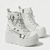 Size 42 Gothic Black Platform Creepers Shoes White Smooth Faux Leather Goth Creepers E-girl Chunky Lace Up Lolita Casual Shoes