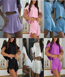 Women Summer Ribbed Pajama Set Ruffle Wide Strap Crop Top Shorts Casual Loungewear Sleepwear Homewear Lounge Outfit