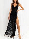 Sexy Fringe Tassel Knitted Crochet Tunic Beach Cover Up Women Long Dresses Cover-ups Beach Dress Beach Wear Beachwear Female