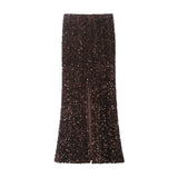 Women's Fashion Sequined Long Dress Womens Brown Sequin Mermaid Maxi Skirt High Waist Bodycon Flare Party Skirt Pure Desire N3OM