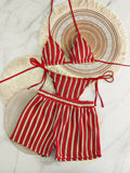 2026 Summer Women 3 Pieces Swimsuit Striped Print Halter Lace-up Backless Swimwear Sexy Micro Bikini Set Shorts Suits Beachwear