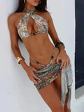 DEKA Women's Tie Dye Printed High Cut Bikini Three Piece Bikini Set Twist Front Halter Swimwear With Cover Up Skirt Ruched Beach