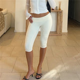 Y2K Low Waist Fold-Over Capri Leggings Solid Color Women High Stretch Slim Fit Knee Length Pants Streetwear Casual Summer Outfit