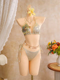 Women embroidery flower glitter metallic bikinis sets 3pcs with split mini skirt swimsuit bathing suit beach outfits biquini