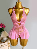 Elegant Lace Halter Neck Teddy Bodysuit With Bow Detail And Ruffled Hem Sexy Women's Lingerie