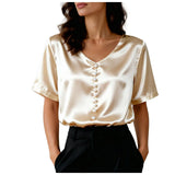 Women's Satin Short Sleeve T Shirt With Pearl Buttons Solid Color V Neck Loose Fit Elegant Office Lady Tees Summer Commuter Top
