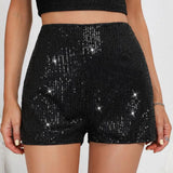 Women Shorts Shiny Sequin High Elastic Waist Straight Slim Fit Soft Breathable Above Knee Length Club Party Beach Mini Shorts