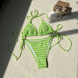DEKA Women Brazilian Striped Bikini Set Vertical Stripes Thong Bikini Swimsuit Suspender Push Up Surf Swimwear Stylish Beach