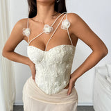 New Sexy 3D Flower Embroidery Tank Tops Irregular Shoulder Strap Steel Ring Fishbone Corset Top Summer Y2K Chic Lady Streetwear