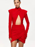 Ahagaga Eelgant Fashion Dresses For Women Solid Zipper Sheath Pleated Hollow Out Regular Long Sleeves Turtleneck Shoulder Pad