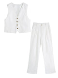 Foridol White Cotton Linen Long Pants Set Sleeveless Vest Pants Suit Office Lay Autumn Summer Wide Leg Casual Fashion Set Outfit