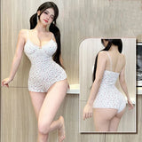 Summer Onesies Women Underwear Sexy Floral Print Bodysuit Lace Trim Sleeveless Slim Fit Jumpsuit Romper Nightwear Lingerie
