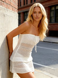 Women’s Knitted Mini Dress Sleeveless Strapless Hollow Out Dress Summer Bikini Cover Ups