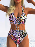 Sexy Pink Leopard Print Gradient Bikini Set Women Drawstring V Neck Push Up High Waist Swimsuit 2026 Beach Bathing Suit Swimwear
