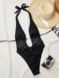Sexy Black Lace Contrast One Piece Swimwear Women 2026 Pearls Deep V Neck Slim Tummy Control Swimsuit Holiday Bathing Suits