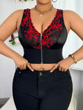 Plus Size Baddie Lingerie Set, Embroidered Zipper Front Deep V Wireless Push-up Bra
