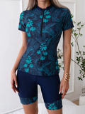 2026 Summer New Women Two-Piece Surfing Suit,fashion Leaf Print Conservative Tankini,Short-sleeve Zipper Swimsuit,beach Swimwear