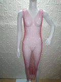 2026 New Fishnet Long Dress V-neck Mesh Sparkling Rhinestone Crystal Swimsuit Bikini Cover Up Beach Bathing Suit Women Cover Ups