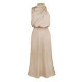 Foridol One Shoulder Turtleneck Tank Satin Women Party Dress Robe Zip Sleeveless Elegant Vintage Folds Women Clothing 2025