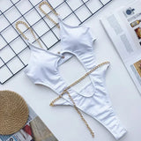 Sexy Metal Chains String High Cut One Piece Swimsuit Women Swimwear Female Monokini Tummy Cut Out Bathing Suit Swim Beach Wear