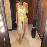 3 Colors Hollow Out Fringe Tassel Knitted Crochet Tunic Beach Cover Up Cover-ups Beach Dress Beach Wear Beachwear Female V3847