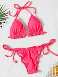 Ribbed Ruffled Frilled Brazilian Bikini Women Swimsuit Female Swimwear Two Pieces Bikini Set Halter String Bathing Suit Swim