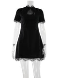Ahagaga Sexy Women's Mini Dresses Patchwork Short Sleeves Lace Hollow Out Slim Fit Trend Baisc Turtleneck Streetwear Female Robe