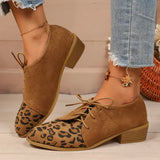 Large Size Leopard Print Single Shoes Women 2026 New Pointed Toe Lace Up Low Heel Shoes Woman Retro Faux Suede Pumps Ladies
