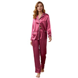 Women's Satin Two Pieces Pajama Sets Fashionable Contrast Color Trim Long Sleeve Button Down Tops with Pants Soft Sleepwear