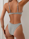 Solid Color Pit Strip Bikini Set for Women Sexy Underwire Push Up 2-piece Swimsuit High Waist Suspender Backless  Bathing Suit