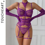 Toucheart Sexy Lingerie Suit for Women Lace Patchwork Halter Bra Set Solid Color Sexy Mesh See-through Garters Underwear Set New