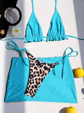 2026 Summer Leopard Print 3 Pieces Suit Swimwear Reversible Sexy Halter Lace-up Bikini Set Drawstring Skirt Cover Up Beachwear