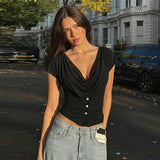 FDYOUI Fashion Casual Swinging Collar T-shirts Y2K Woman Clothes Short Sleeve Buttons Corset T Shirt Ladies Solid Crop Tops Tees