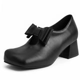 Plus Size 52 Soft Faux Leather Mary Jane Heels Pumps Big Bow Square Toe 5cm Chunky Block Heel Vintage Office Dress Shoes Women