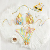 S - XL Printed Halter Metal Rings One Piece Swimsuit Women Swimwear Female Monokini High Leg Cut Bather Bathing Suit Swim V7721