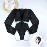One Piece Swimsuit Sexy Long Sleeve Tropical Print Swimwear Women Bandage Monokini Hollow Out Bathing Suit String Beachwear 2023