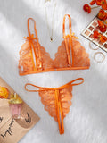 Orange Lace Contrast Sexy Lingerie For Women Open Chest Bra Thongs Sets Summer Female Underwear Cute Erotic Adult Matching Suit