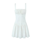 Foridol Bowknot Smocked White Short Dress Women Summer Cotton Mini Sleeveless Tank Sundress Beach Chic Buttons Dress for Petite