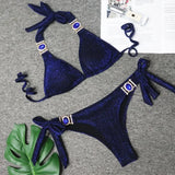 4 Colors Sexy Bikini Women Solid Shining Swimwear Swimsuit Crystal Diamond Female Bandage Halter Beach Bikinis Set Bathing Suit