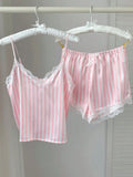Two Piece Women's V-Neck Sexy Lace Suspender Pajama Satin Silk Intimate Lingerie Pink Stripe Sleewpear Pijamas Suit Summer New