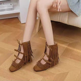 Simple Retro Tassel Western Boots for Women 2026 New Round Toe Height-Increasing Short Boots Summer Cool Boots