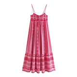 Foridol Crochet Bohemian Summer Dress for Women Spaghetti Strap Red Vintage Tassel Beach Dress Maxi Long Casual Sundress Autumn
