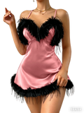 New Sexy V Neck Feather Trim Women's Nightgown Fashion Elegant Pajamas Solid Color Short Skirt for Home and Parties