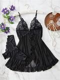 Blue Contrast Lace Ruffle Trim Lingerie Set Women's Nightdress See Through Deep V Mini Dress and Thong Nightgowns Underwear