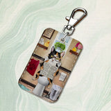 Funny Art Fat Cat Toilet Rectangle Card Case Keychain Access Card Bag Key Tag Ring Leather Card Holder Key Ring Access