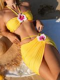 with Mesh Skirt 3D Flowers Halter Bandeau Bikini Female Swimsuit Women Swimwear Three-pieces Bikini Set Bathing Suit Beachwear