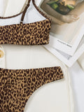 Sexy Wrinkled Bandeau Leopard Print Bikinis Sets Two Pieces Thong Swimsuits Beachwear Bathing Suit Swimwear Biquini