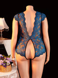 For Curvy Women Deep Vneck Translucent Lace Floral Teddy Bodysuit With Bow Tie Front Open Back Delicate Erotic Sexy Lingerie